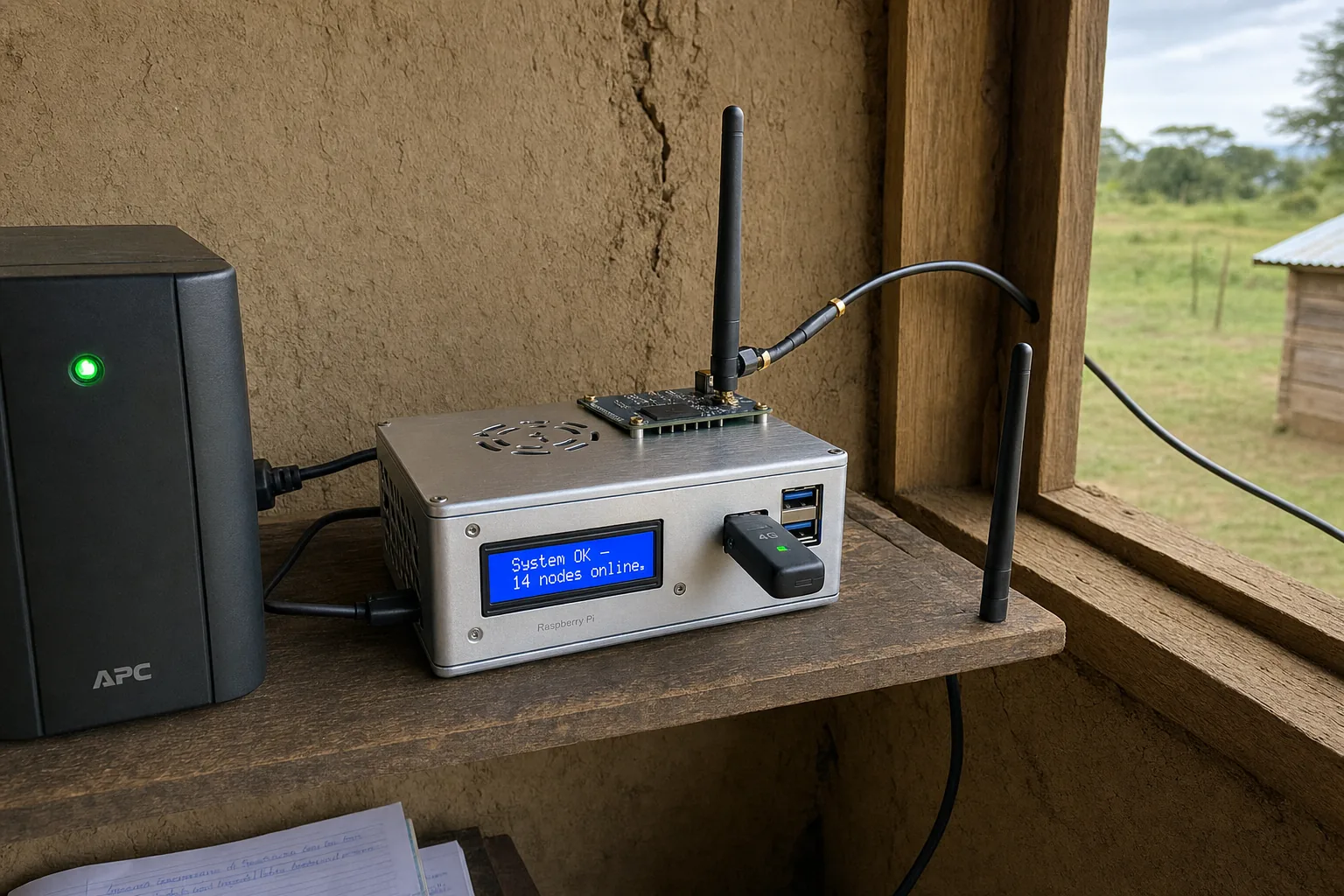 A Raspberry Pi 4 in an aluminium case on a wooden shelf in a Kenyan farmhouse, connected to a UPS with a green LED, a 4G dongle with external antenna, and a LoRa gateway hat with antenna cable running out the window. A small LCD screen reads "System OK — 14 nodes online."